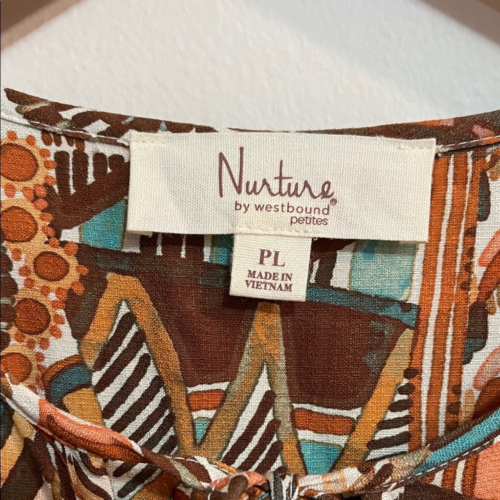 Nurture Turquoise & Brown Patterned Tie-Neck Women’s Dress SZ PL - Picture 3 of 8